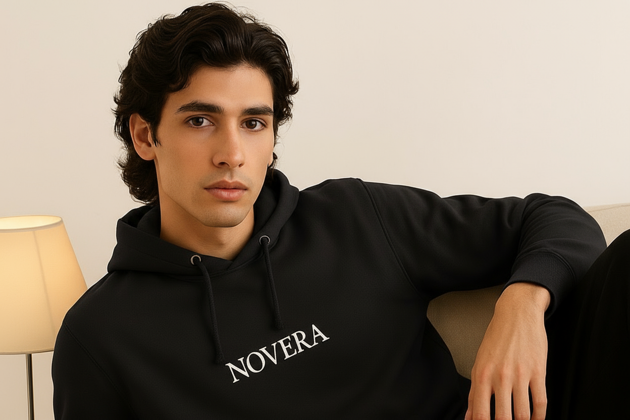 Man wearing a Black hoodie, holding a glass, sitting on a couch.